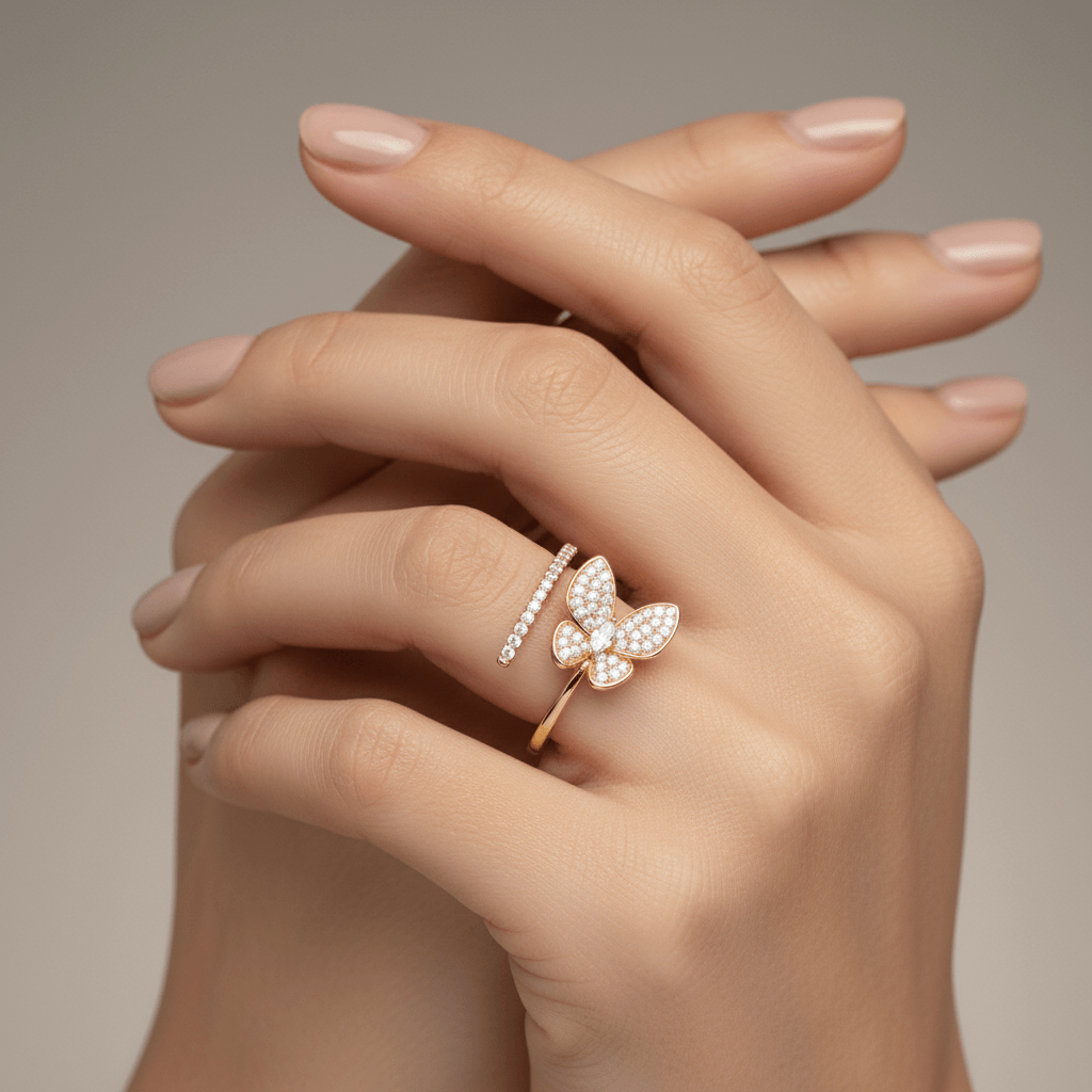 Hand wearing a butterfly-shaped ring on a neutral background