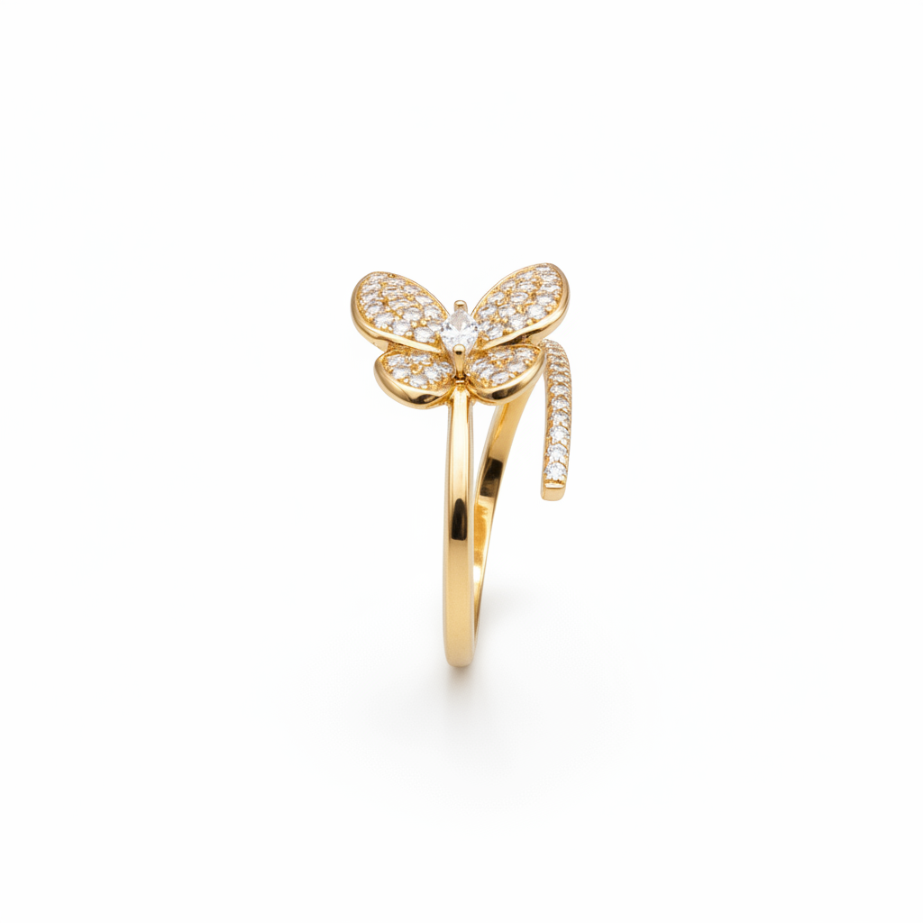 Gold butterfly ring with diamonds on a white background