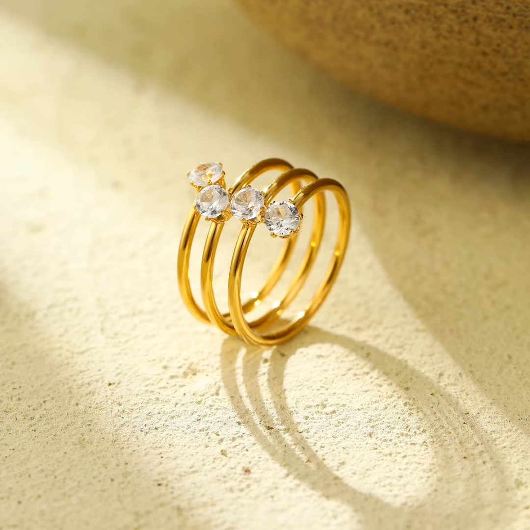 4 stone layered  chunky ring, 18K gold plated, stainless steel, waterproof, hypoallergenic, zirconium stones