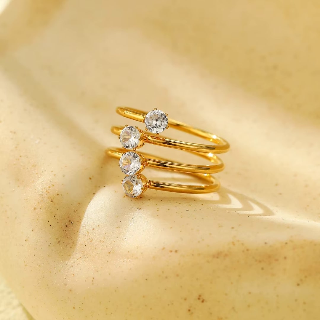 4 stone layered  chunky ring, 18K gold plated, stainless steel, waterproof, hypoallergenic, zirconium stones