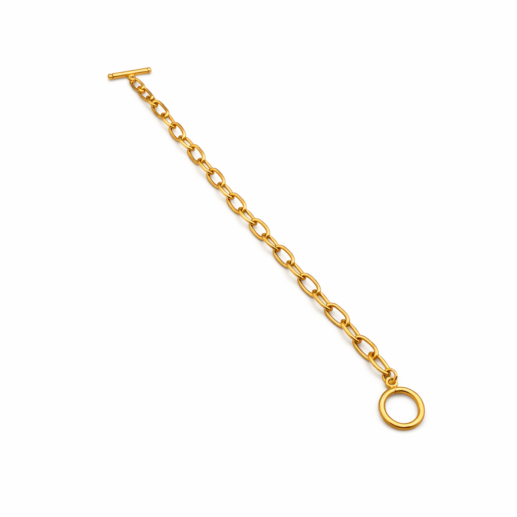 Gold chain bracelet with a clasp on a white background