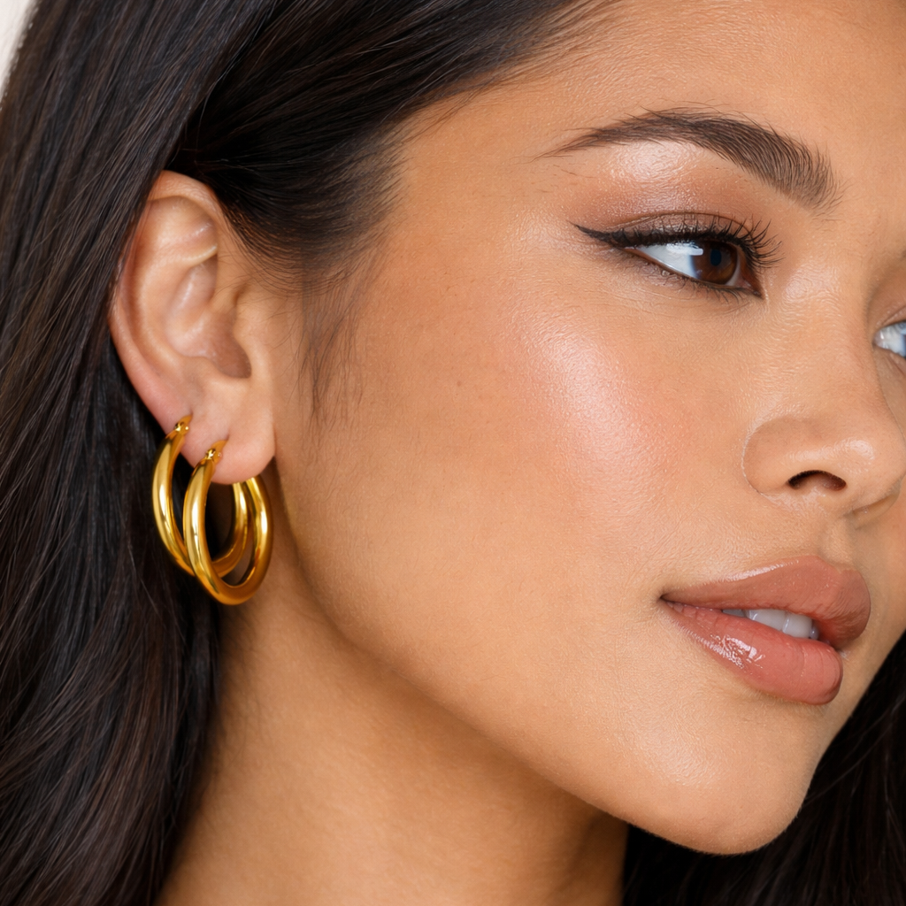 Close-up of a woman wearing gold hoop earrings with a neutral background