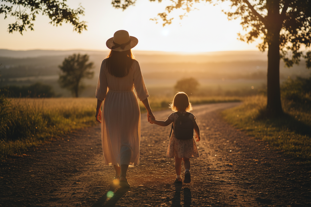 MOTHER AND DAUGHTER HOLDING HANDS back turned 