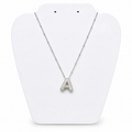 A silver initial necklace featuring the letter 'A' paved with small clear stones, displayed on a white jewelry bust.